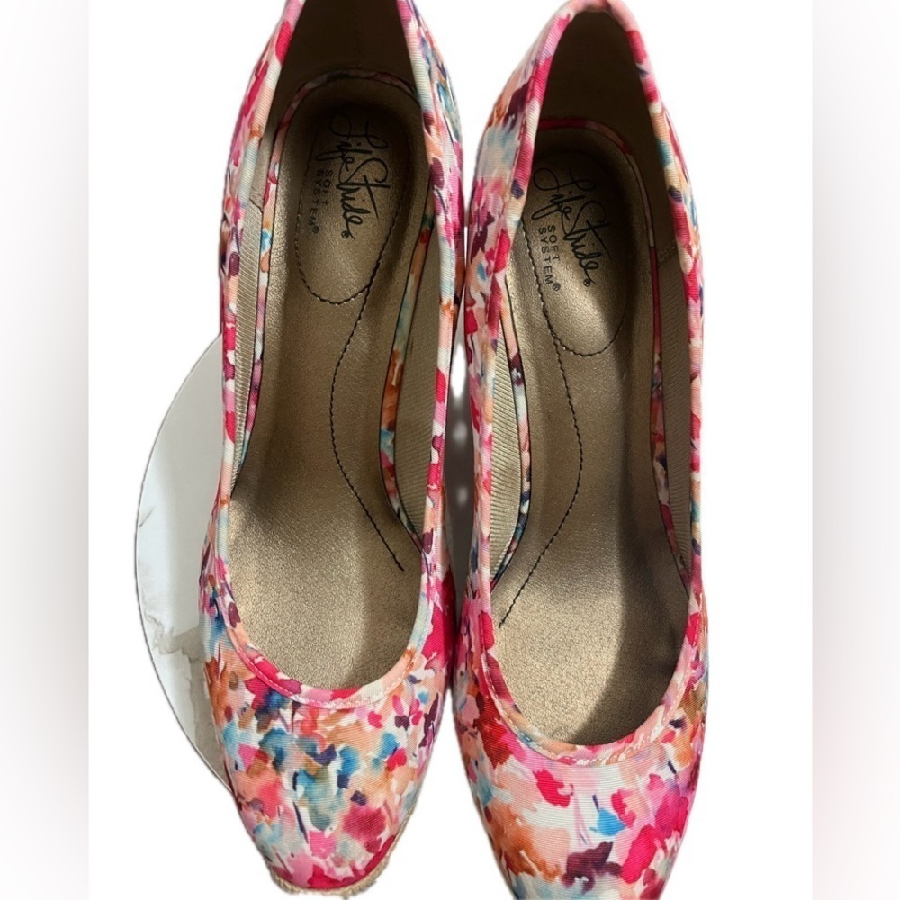 Life Stride Pink White Blue Floral Watercolor Cork Wedge Slip On High Heels 10M - Picture 11 of 13